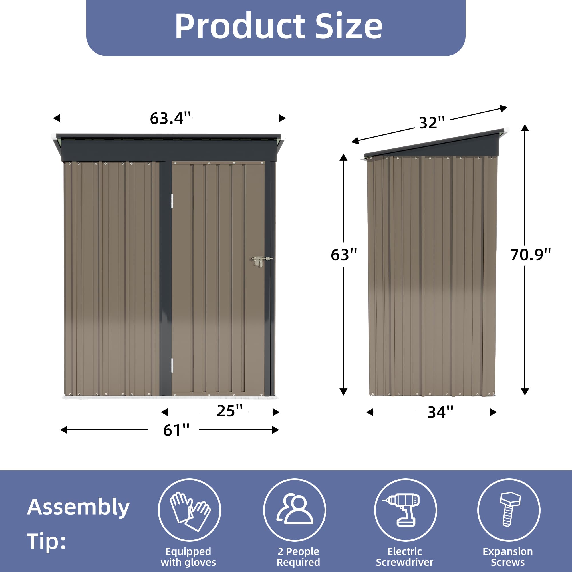 5X3 FT Outdoor Storage Shed, Waterproof Metal Garden Sheds with Lockable Door, Steel Tool Storage Buildings Shed & Outdoor Storage House for Garden, Backyard, Patio, Lawn, Trash Cans(Brown)