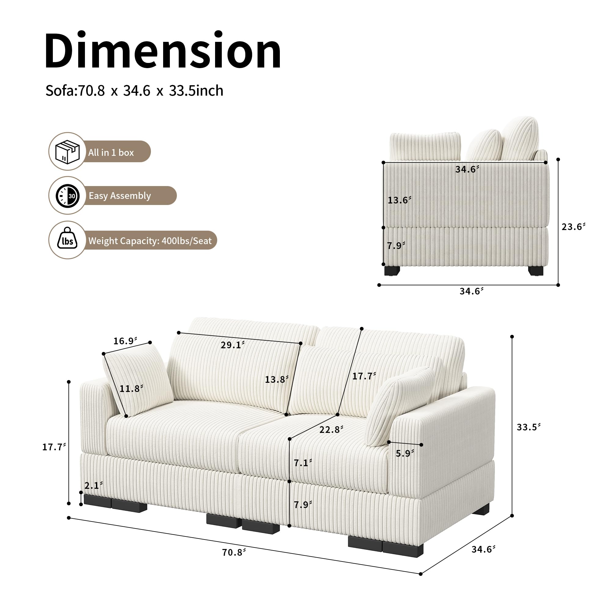 USROCAS 70" Loveseat Sofa, Corduroy Sofa Couch with 4 Pillows Small Modern Comfy Couch for Small Apartments, Living Room and Office