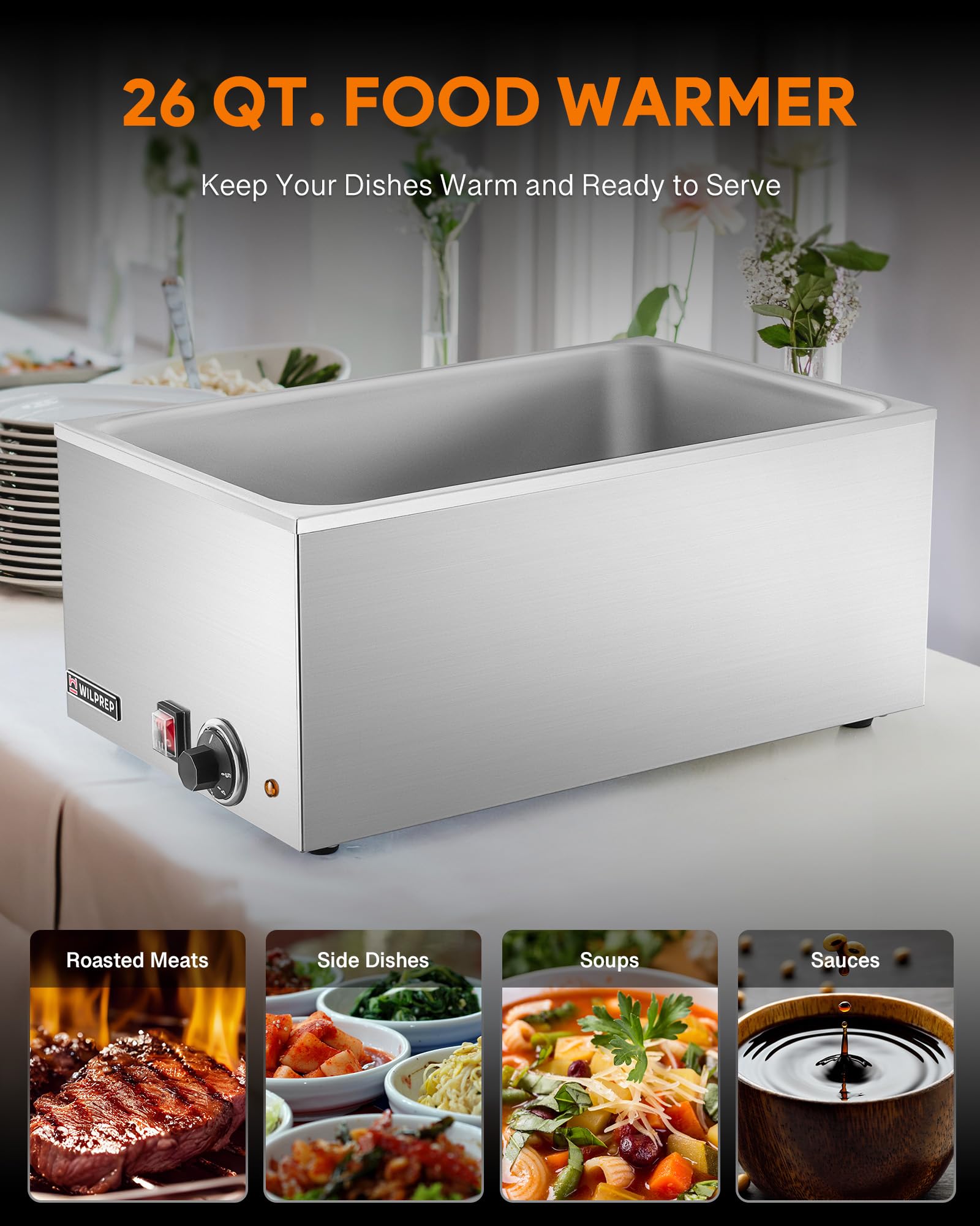 WILPREP Commercial Food Warmer, 12 x 20 Full Size Electric Countertop Food Warmer with 1200W Power, Stainless Steel Bain Marie Buffer Server for Parties Buffets Restaurants