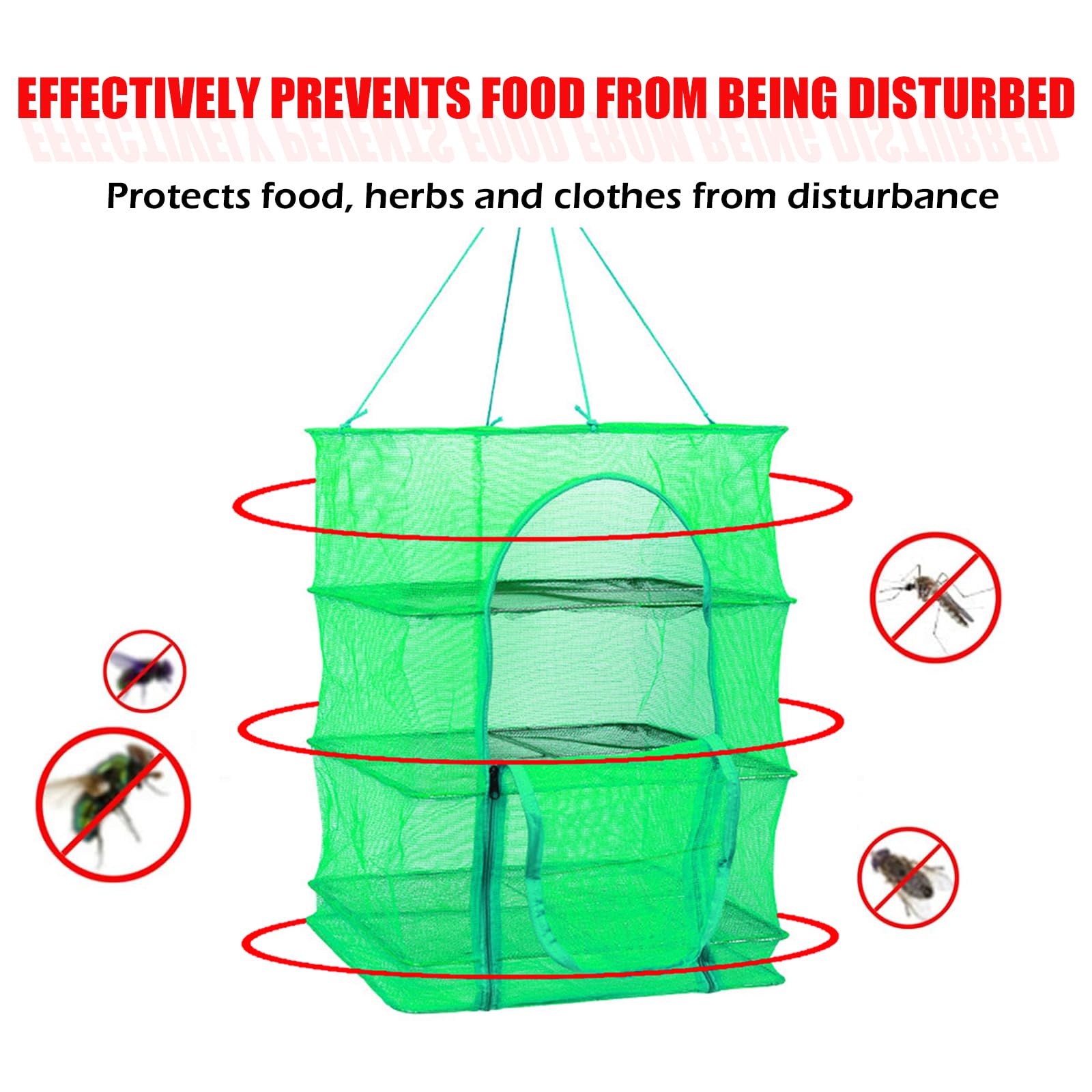 WEISGJA Hanging Drying Rack 4 Layers Foldable Nylon Netting, Folding Fish Mesh, Drying Fish Net for Shrimp Fish Fruit Vegetables Herb, with Zipper Opening, Green (22.4X15.7X25.5 in/Large)