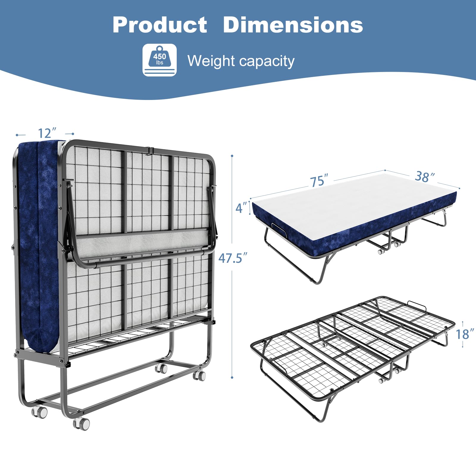 Uoobmope Folding Bed for Adults/Guests,75 x 38 Rollaway Bed with 4" Memory Foam Mattress,Space Saving Portable Bed with Lockable Wheels & Sturdy Metal Frame,Office Folding Bed,Easy Moving-4" Standard