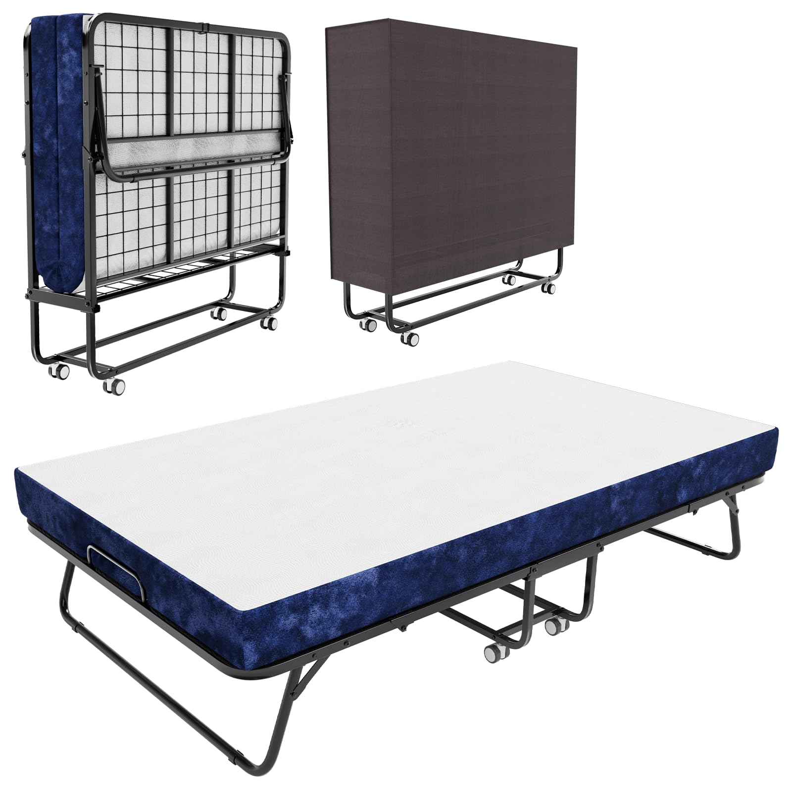 Uoobmope Folding Bed for Adults/Guests,75 x 38 Rollaway Bed with 4" Memory Foam Mattress,Space Saving Portable Bed with Lockable Wheels & Sturdy Metal Frame,Office Folding Bed,Easy Moving-4" Standard