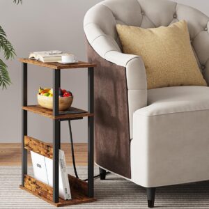 VIMBER 2-Set of 7.8" Narrow Side Table for Small Spaces, Skinny End Table with Charging Station, Sofa Beside Table with Storage Shelf, Slim Nightstand with USB Ports Outlet, Rustic and Brown