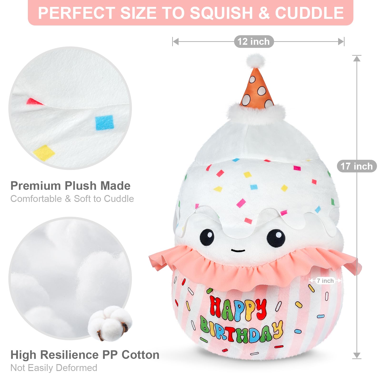 SuzziPals 17 inch Happy Birthday Cake Plush Pillows, Squishable Happy Birthday Stuffed Animal, Cute Plushies Cupcake Birthday Plush Room Decor, Cute Plushies Toys Birthday Gifts for Girls Boys Adults