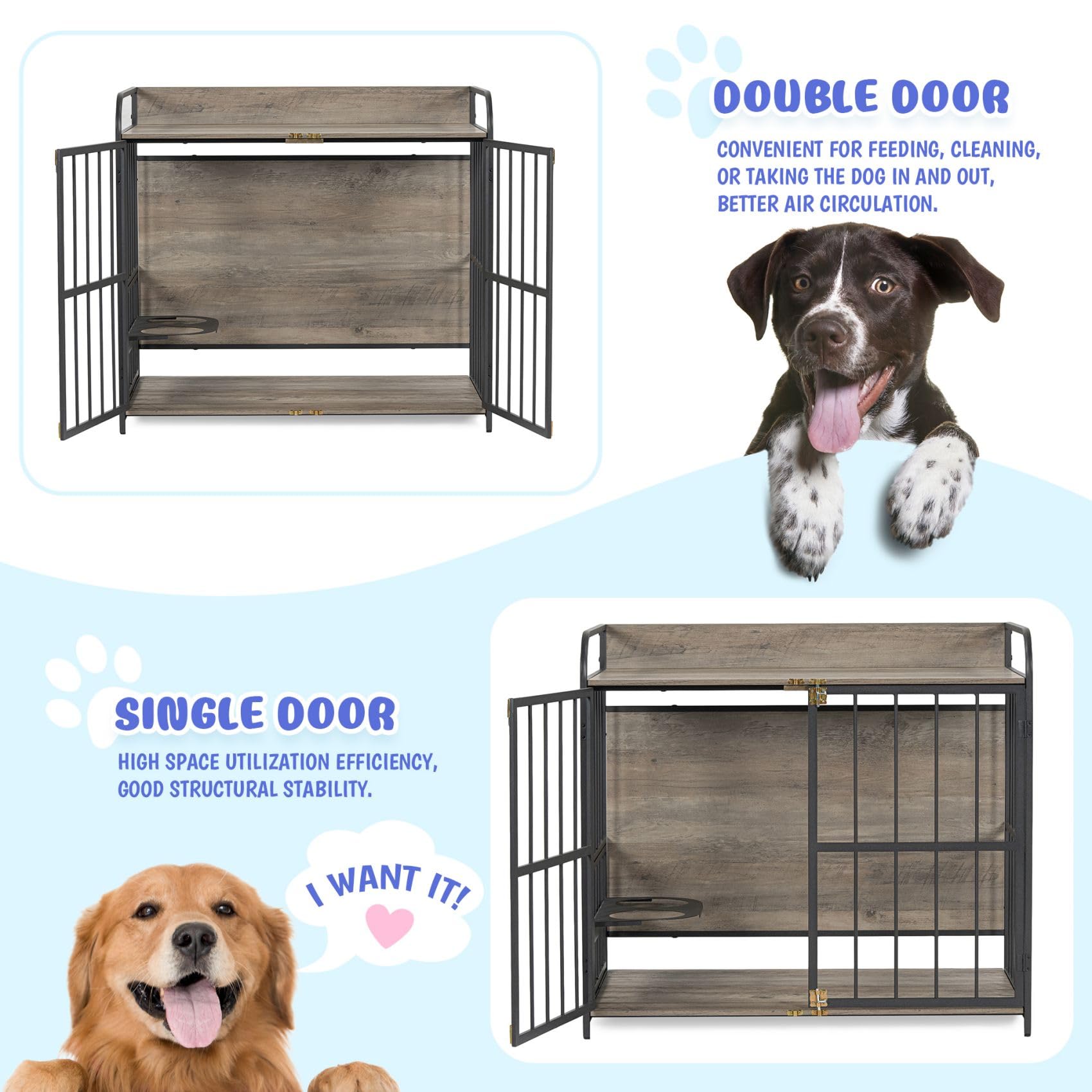 Merax 39” Heavy Duty Large Dog Crate Indoor Furniture, Wooden Metal Kennel Pet Cage with Double Doors & Adjustable Feeder Stand & Side End Table Storage, Grey