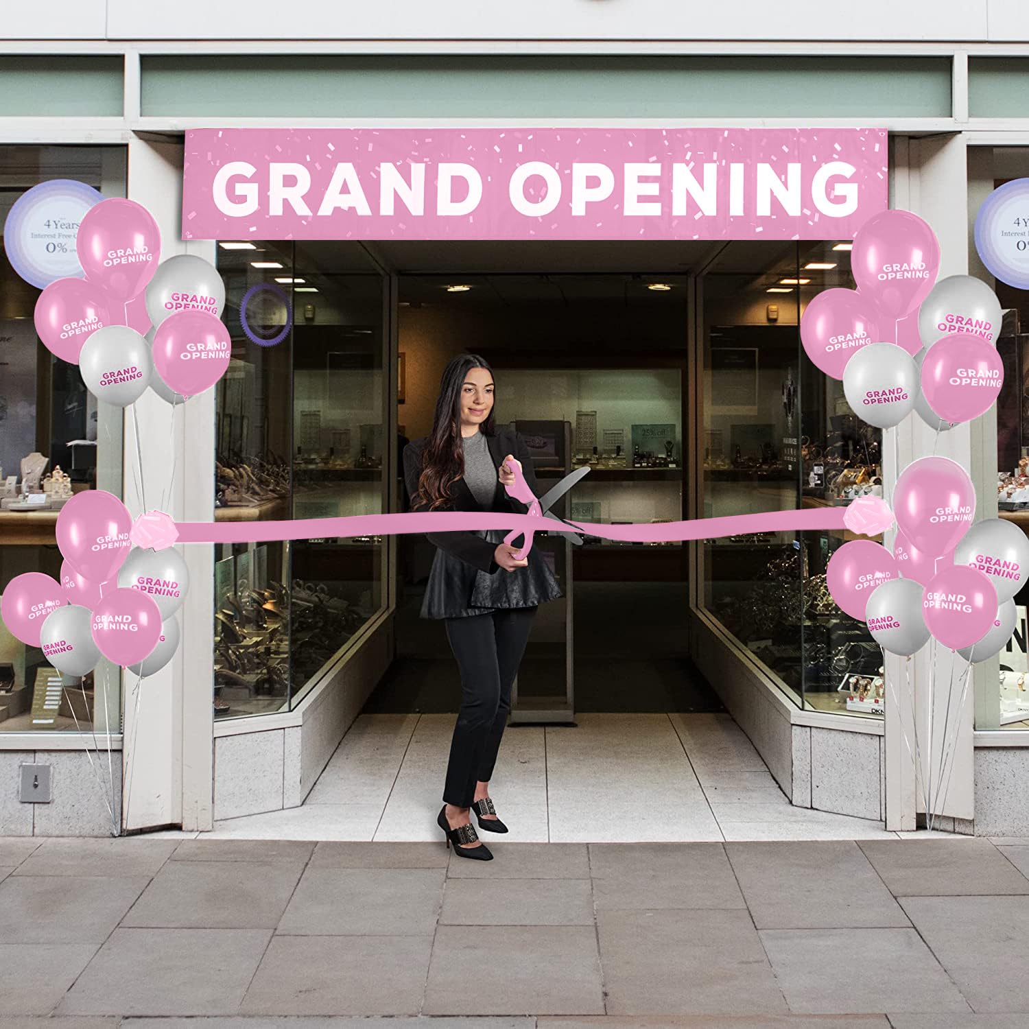 Deluxe Grand Opening Ribbon Cutting Ceremony Kit - 25" Giant Scissors with Pink Satin Ribbon, Banner, Bows, Balloons & More