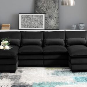 Merax 110" Modular Sectional Couches with Waist Pillows, 6-seat Upholstered Sleeper Sofa Bed Chaise Lounge for Living Room Furniture, Black