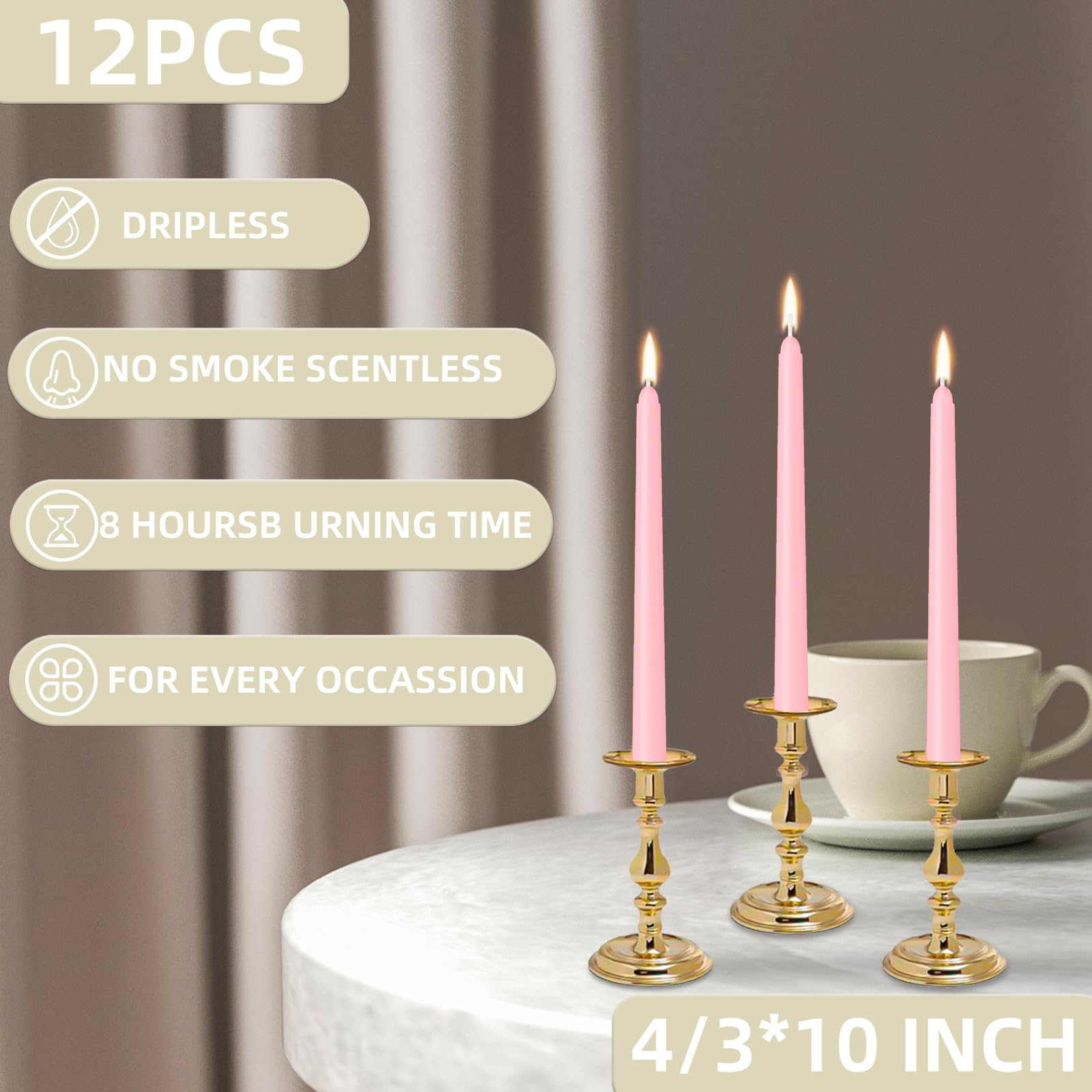 Thleunei 12 Pack Pink Taper Candles 10 Inch - Dripless, Smokeless, Unscented Taper Candle - 8 Hours Long Burning Suitable for Any Candlesticks - Ideal for Weddings Dinner Parties and Home Decor