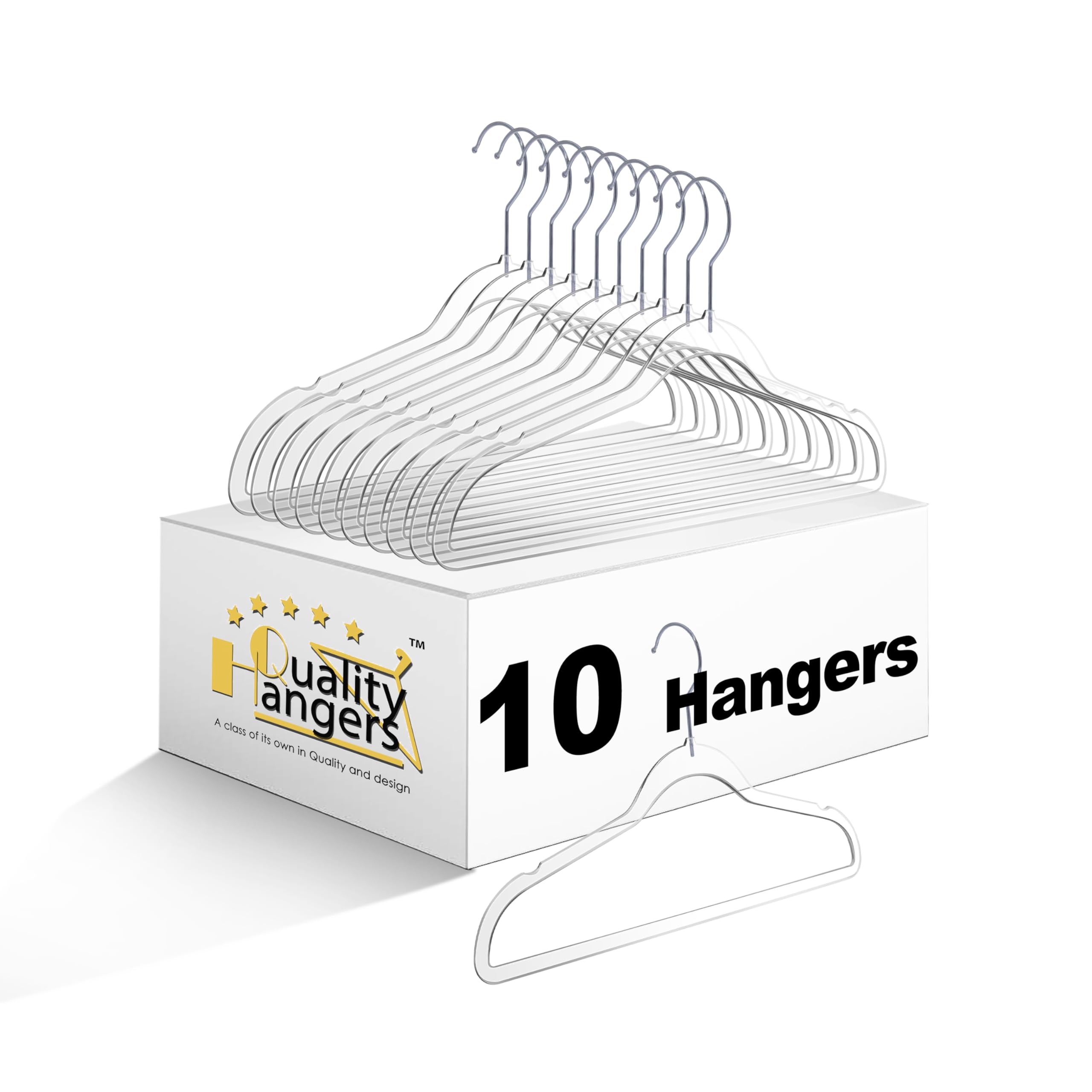 Quality Hangers 14” Clear Plastic Kids Hangers 10-Pack | Durable & Stylish Acrylic Hangers for Petite Adults with 360 Degree Swivel Hook and Notches | Cloths Children Hangers (10, Clear, Chrome)