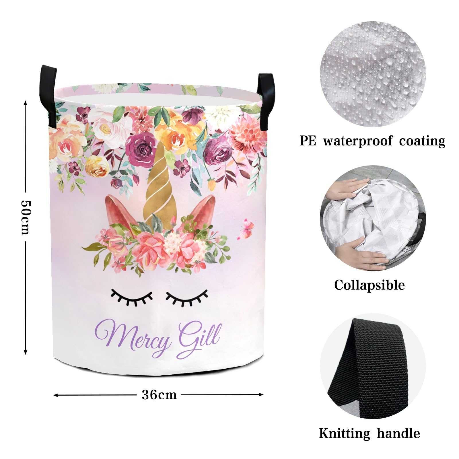 Custom Laundry Basket for Kids Baby Girls Boys Personalized Unicorn Floral Laundry Hamper with Name Waterproof Customized Dirty Clothes Storage Basket Toys Dolls Collapsible Large Organizer