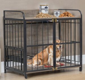 merax 39” heavy duty large dog crate indoor furniture, wooden metal kennel pet cage with double doors & adjustable feeder stand & side end table storage, grey