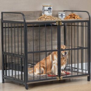 Merax 39” Heavy Duty Large Dog Crate Indoor Furniture, Wooden Metal Kennel Pet Cage with Double Doors & Adjustable Feeder Stand & Side End Table Storage, Grey