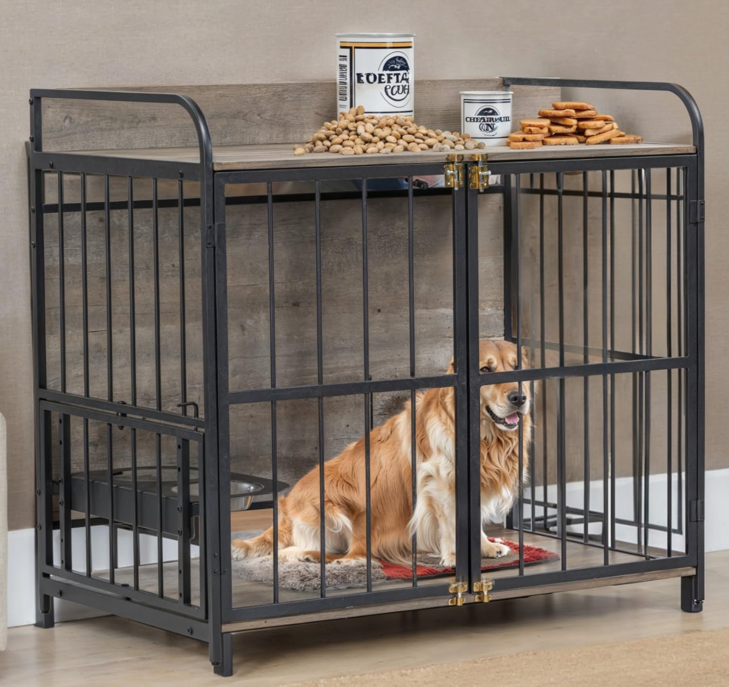 Merax 39” Heavy Duty Large Dog Crate Indoor Furniture, Wooden Metal Kennel Pet Cage with Double Doors & Adjustable Feeder Stand & Side End Table Storage, Grey