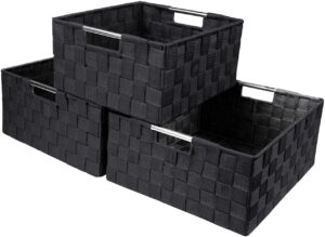 sorbus storage box woven basket bin container tote cube organizer set stackable storage basket woven strap shelf organizer built-in carry handles (black)