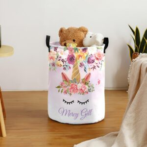 Custom Laundry Basket for Kids Baby Girls Boys Personalized Unicorn Floral Laundry Hamper with Name Waterproof Customized Dirty Clothes Storage Basket Toys Dolls Collapsible Large Organizer