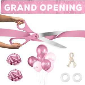 Deluxe Grand Opening Ribbon Cutting Ceremony Kit - 25" Giant Scissors with Pink Satin Ribbon, Banner, Bows, Balloons & More