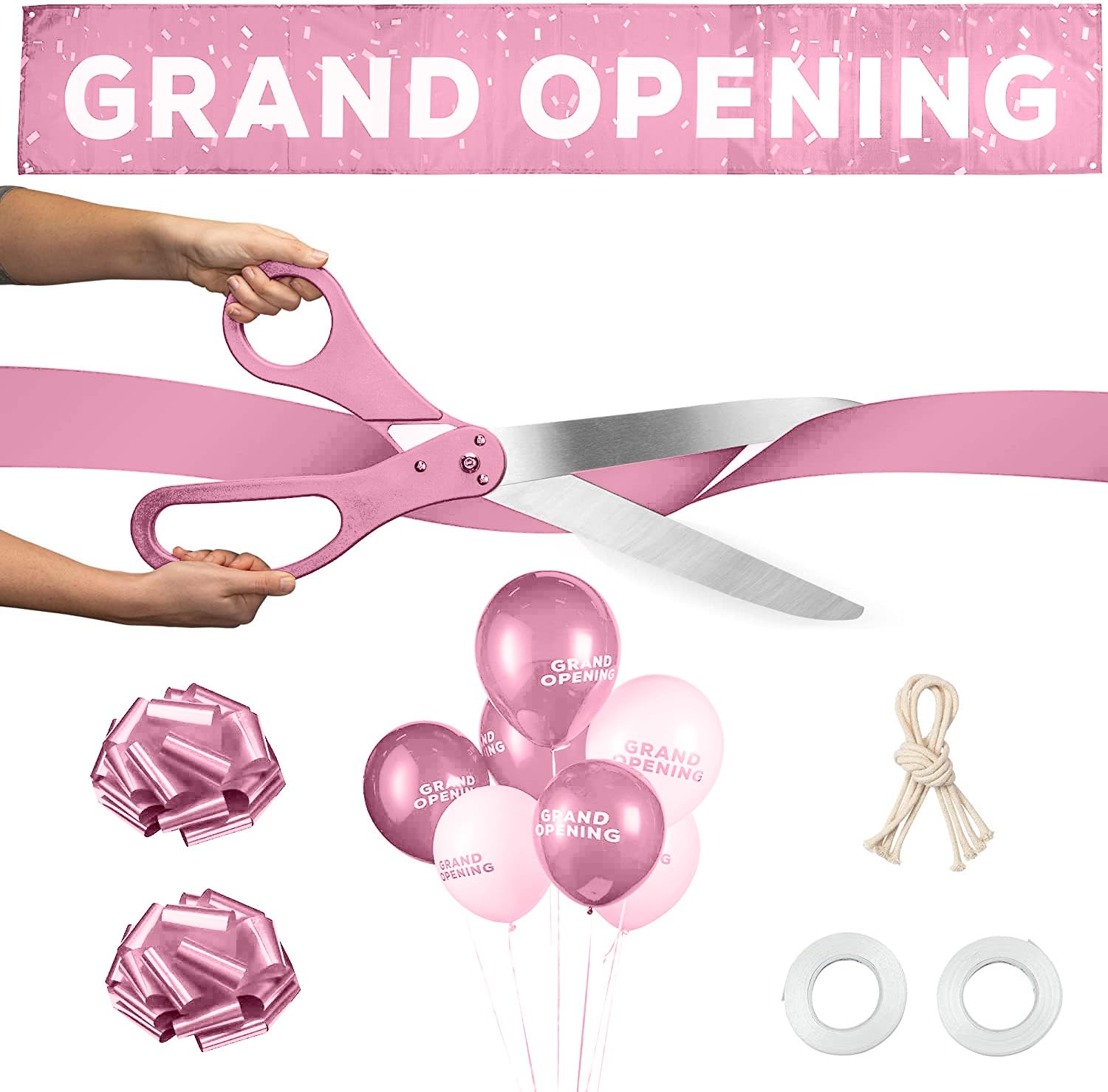 Deluxe Grand Opening Ribbon Cutting Ceremony Kit - 25" Giant Scissors with Pink Satin Ribbon, Banner, Bows, Balloons & More