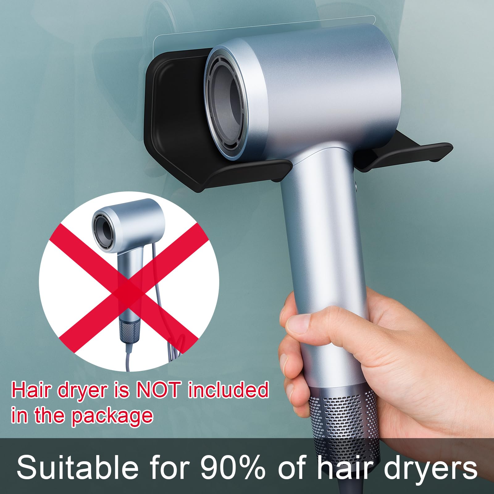 Hair Dryer Holder, Blow Dryer Holder Wall Mounted, Self Adhesive Wall Mountable Bathroom Organizer for Hair Care Tools,Compatible with Most Hair Dryers, Black.