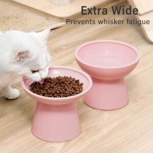 CEEFU 2 Extra Wide Elevated Cat Food Bowl, Ceramic Cat Bowls for Food and Water, Wide Shallow Cat Food Dish, Whisker Fatigue, Lead & Cadmium Free, Great Height for Cat, Pink