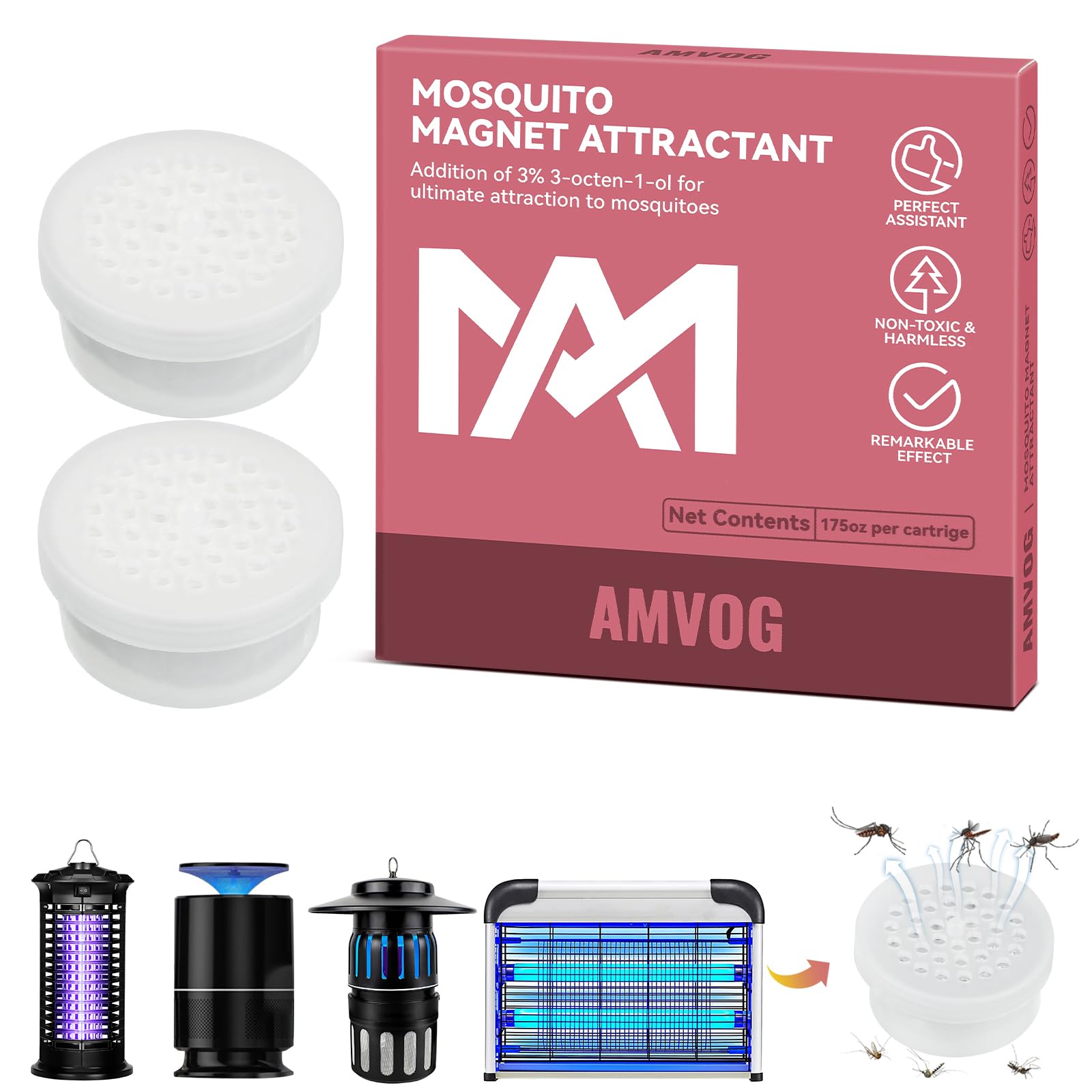 AMVOG 2024 Upgraded Insect Trap Octenol Pest Lures, 2PCS Mosquito Lure Refill Cartridge for Bug Zapper, Lasts 180 Days, Universal Fit for Indoor & Outdoor - Universal Fit