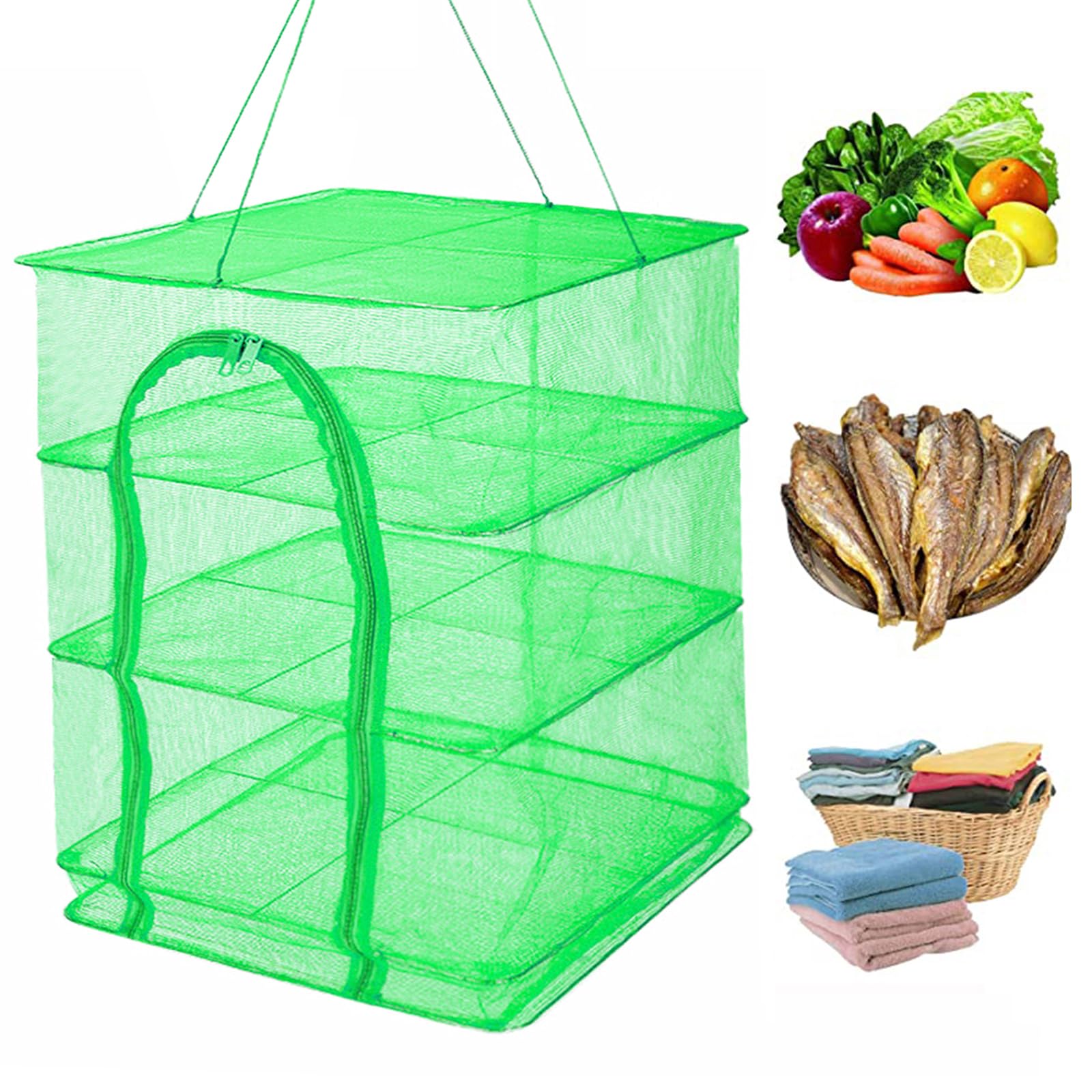 WEISGJA Hanging Drying Rack 4 Layers Foldable Nylon Netting, Folding Fish Mesh, Drying Fish Net for Shrimp Fish Fruit Vegetables Herb, with Zipper Opening, Green (22.4X15.7X25.5 in/Large)