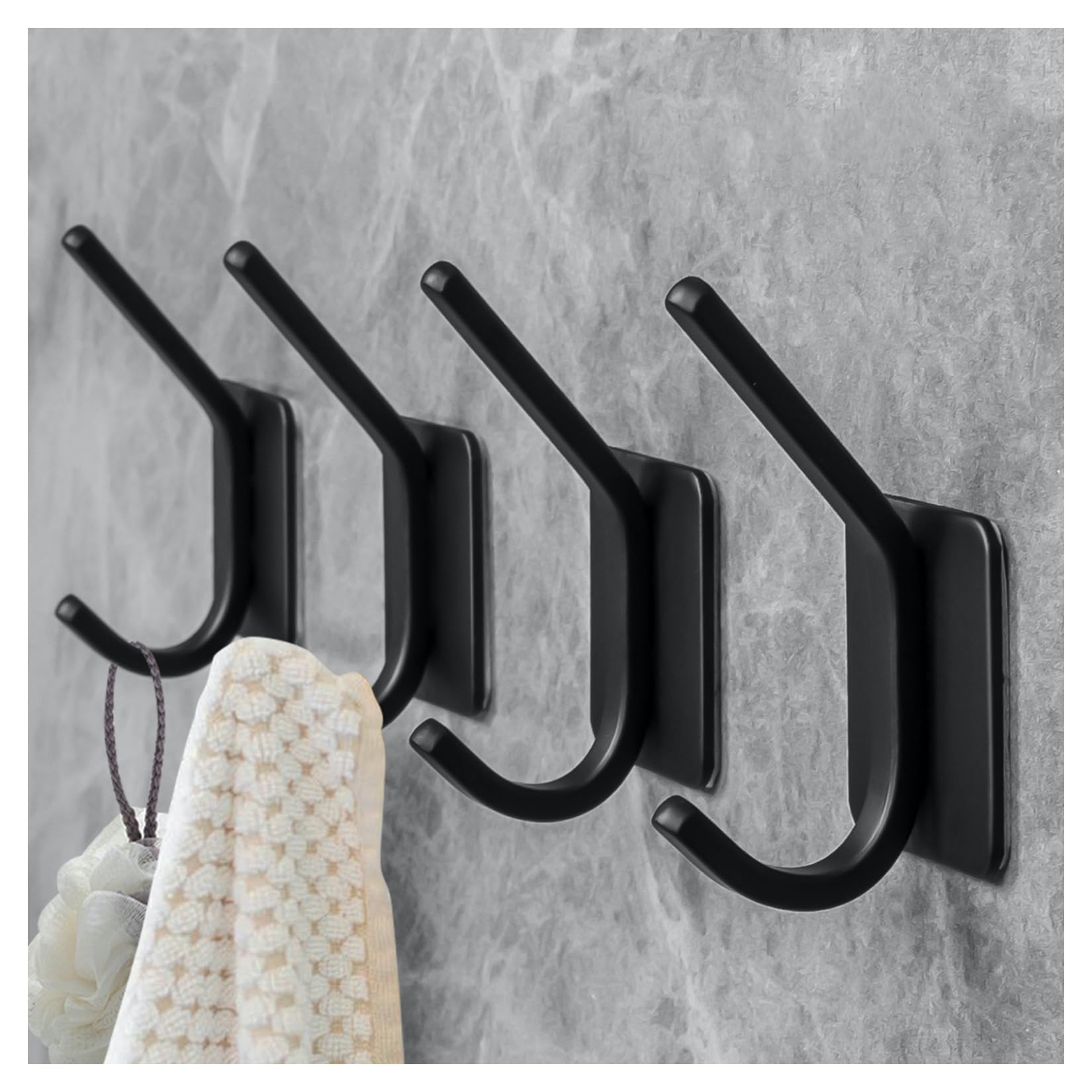 Matte Black Towel Hooks - Strong Self Adhesive Coat/Clothes Hooks,No Drilling Sticky Hooks,Heavy Duty Shower Wall Hooks for Bathroom Kitchen Bedroom,Easy Installation Hanger Hooks For Rube(4 Pack)