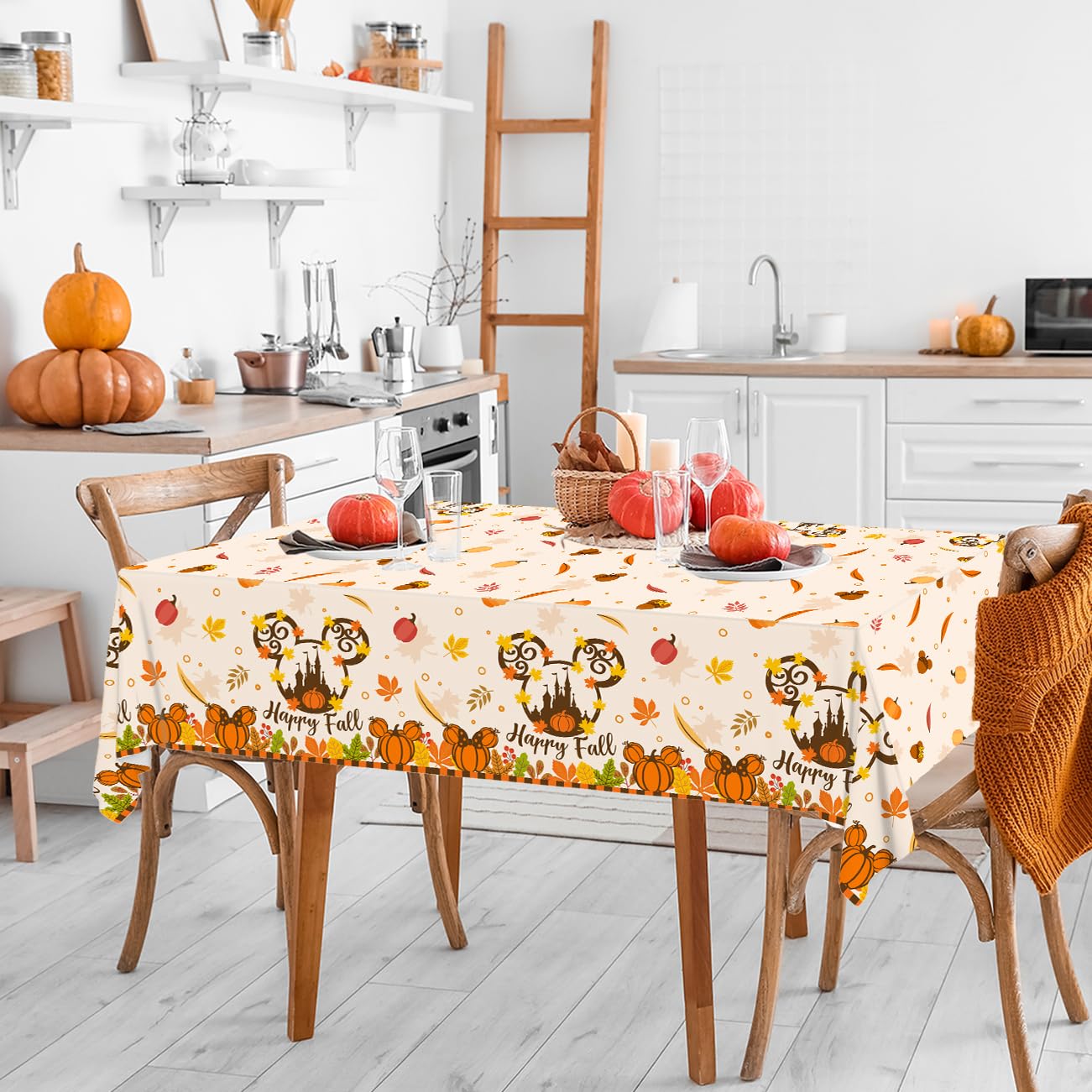 Happy Fall Mouse Tablecloths, Cute Fall Decorations for Home Fall Harvest Party Decor, 3pcs Plastic Mouse Pumpkin Table Covers, Waterproof Maple Leaf Dinner Table Cloth for Thanksgiving Party 108*54"