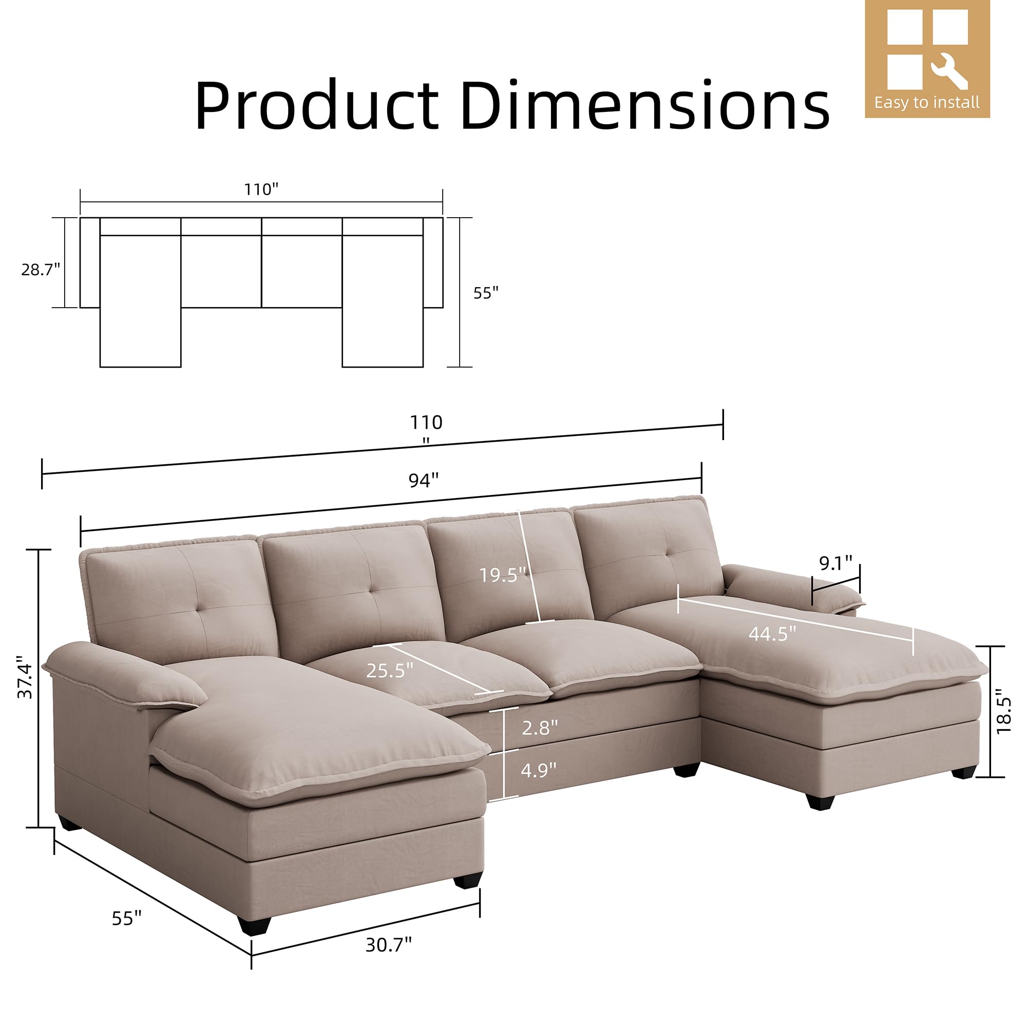 JAMFLY Sectional Couches for Living Room, U-Shaped Couch 4 Seat Sofas with Double Chaises, Modular Sectional Sofa Set for Apartment Furniture for Apartment, Dark Beige