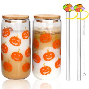 anotion fall glass cups with lids and straws - autumn thanksgiving halloween gifts for women - 2 pack 18oz fall smile pumpkins mug, pumpkin glass jar drinking glasses iced coffee cup, halloween decor