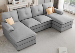 jamfly sectional couches for living room, u-shaped couch 4 seat sofas with double chaises, modular sectional sofa set for apartment furniture for apartment, light grey