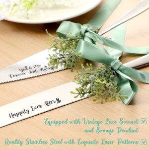 Sage Green Wedding Cake Knife & Server Set with Stainless Steel Blades Mr. and Mrs. Forks with Artificial Plant Ribbon Bowknot Perfect Addition to Your Wedding Celebrations Anniversaries Showers