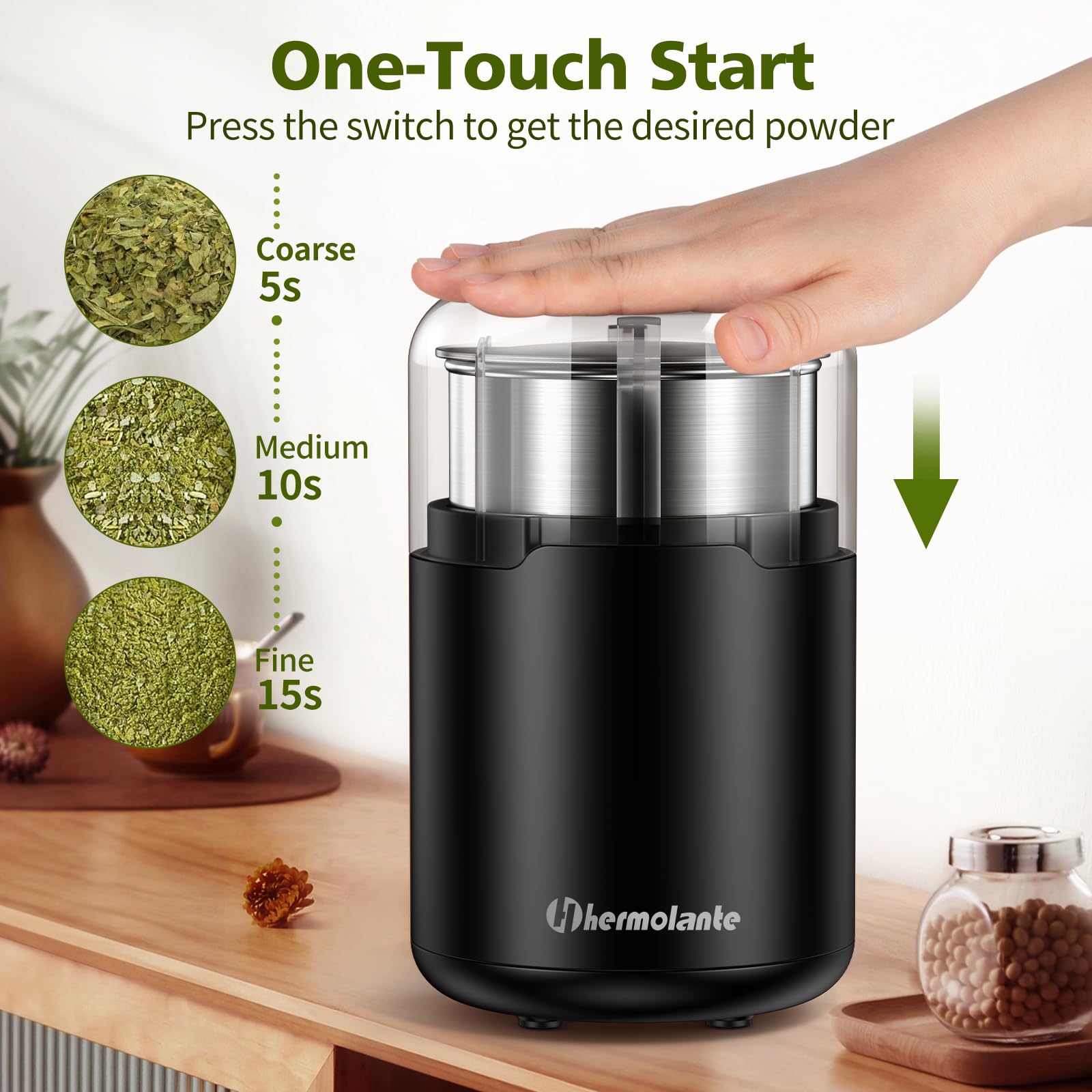 Hermolante Herb Grinder, Spice Grinder, Coffee grinder, 150 w Electric Herb Grinder with Stainless Steel Blade and Cleaning Brush, Compact Size Electric Grinder for Herb Spices Coffee Nuts Seeds,etc.