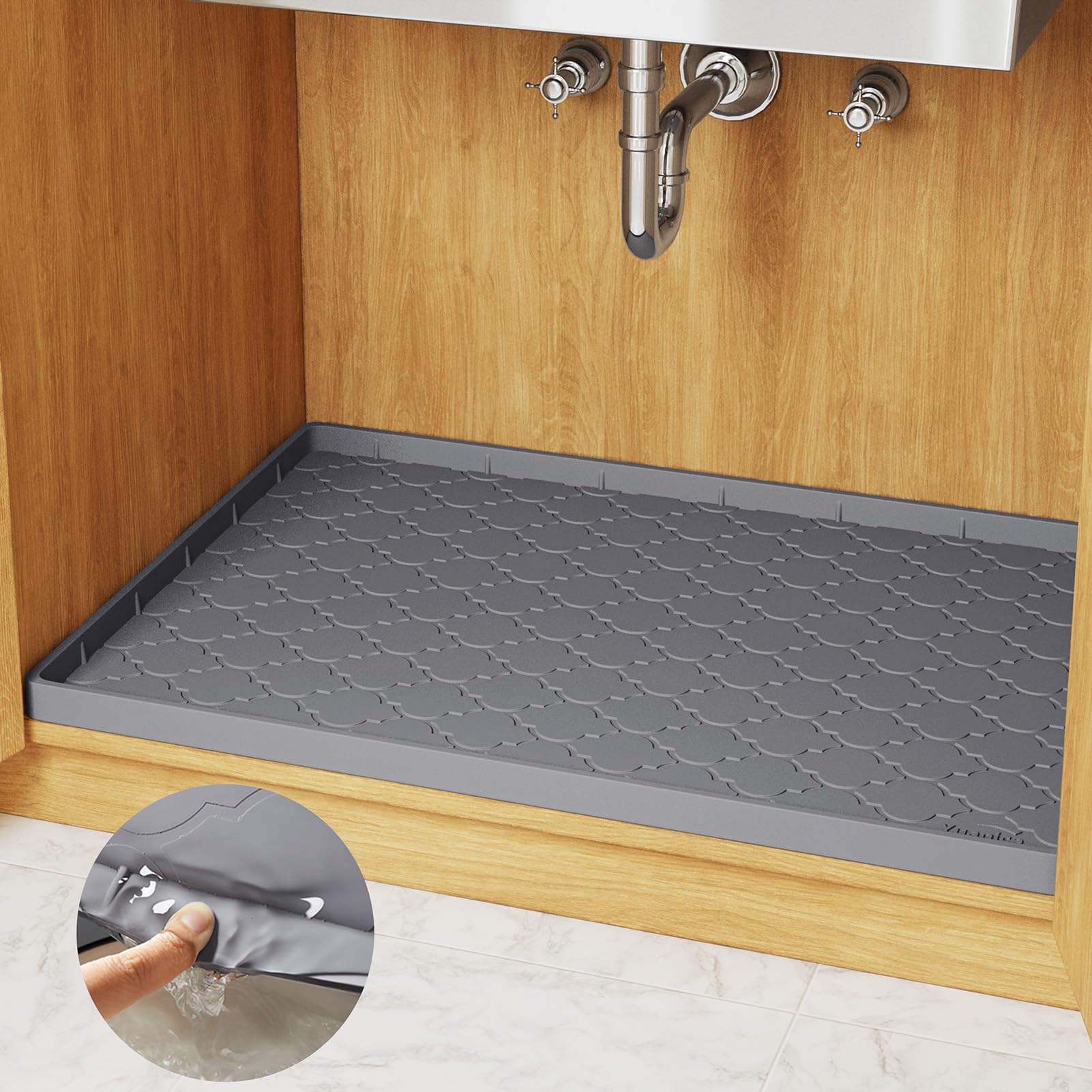 Under Sink Mat, 22'' x 19'', Waterproof Silicone Under Sink Liner for Kitchen Bathroom, Under Kitchen Sink Organizers and Storage, Cabinet Shelf Protector, Flexible Under Sink Drip Tray, Dark Grey