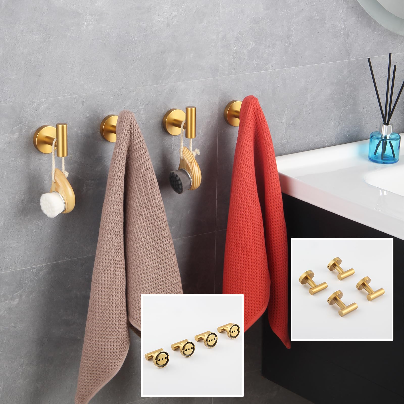 GERZWY Gold Stainless Steel Towel Hook Wall Mounted Robe Hook Heavy Duty Coat Hook Luxury Hooks for Bathroom Hotel 4 Pack