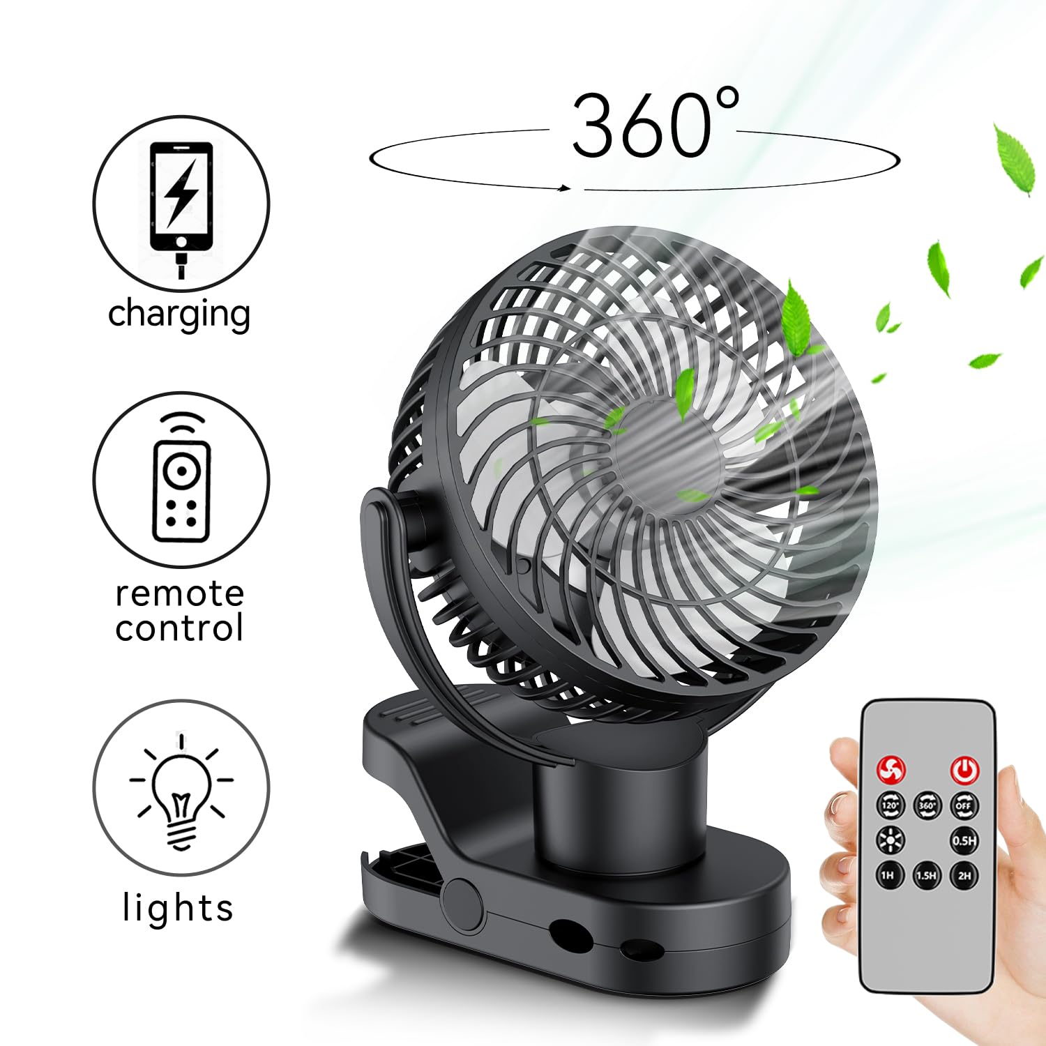 Leeyalan 10000mAh Clip on Fan Rechargeable,2024 Updated,Hangable Fan with Lights and Remote, Desk Fan USB Plug in with Sturdy Clamp,3 Speeds,Mute Multi-function,Operation for Office Dorm Bedroom