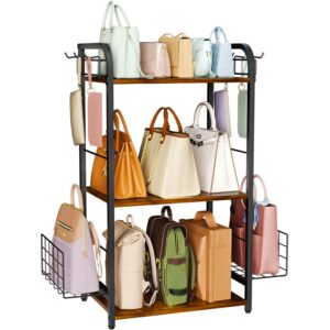 purse organizer with side hooks and baskets for purse storage, floor-standing 3-tier purse rack with adjustable feet, high-capacity bag organizer for closet, iron and wood purse holder, patent pending