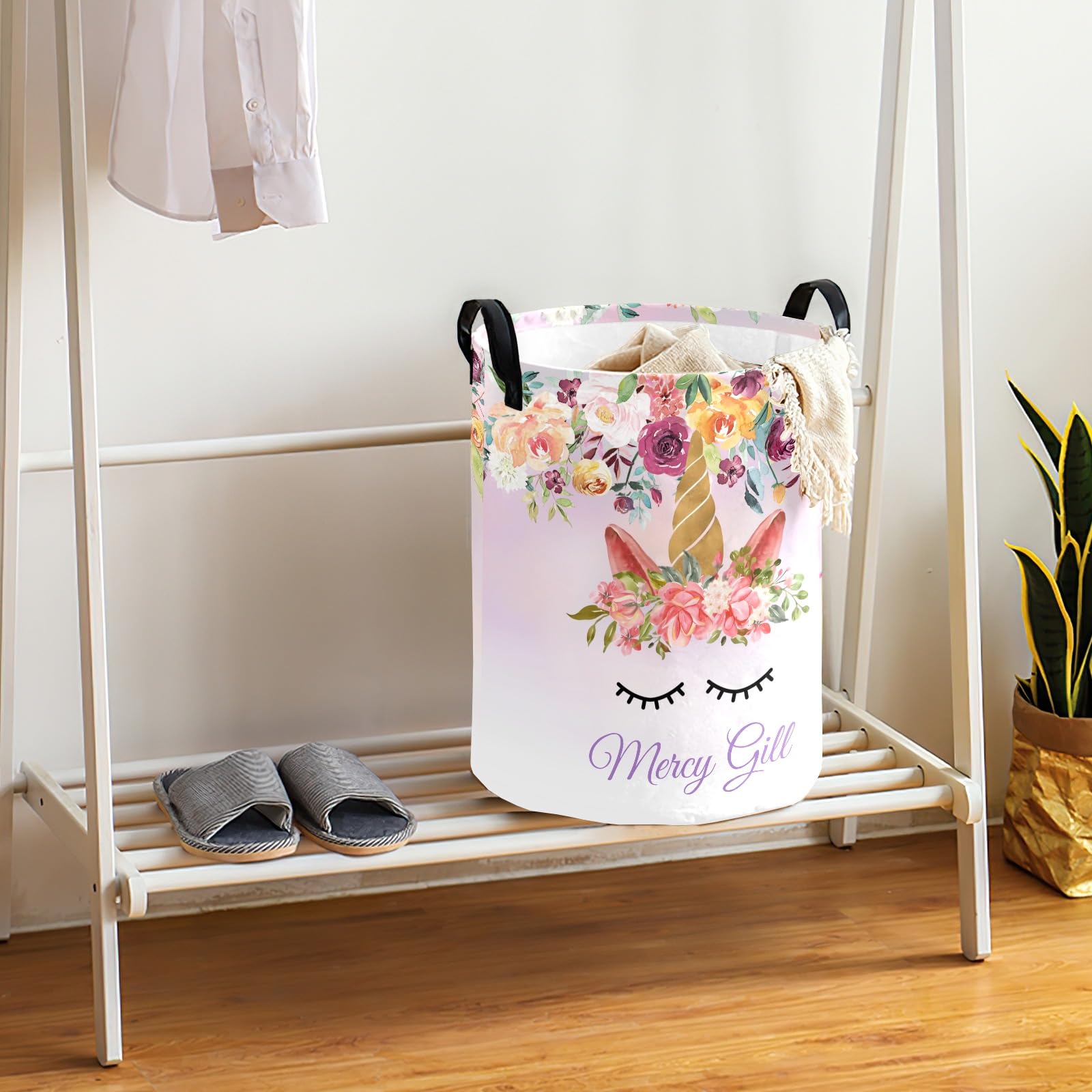 Custom Laundry Basket for Kids Baby Girls Boys Personalized Unicorn Floral Laundry Hamper with Name Waterproof Customized Dirty Clothes Storage Basket Toys Dolls Collapsible Large Organizer