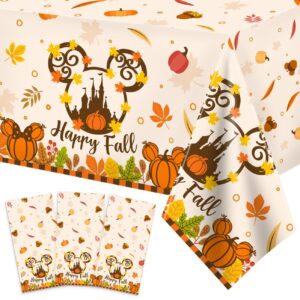 happy fall mouse tablecloths, cute fall decorations for home fall harvest party decor, 3pcs plastic mouse pumpkin table covers, waterproof maple leaf dinner table cloth for thanksgiving party 108*54"