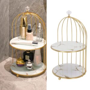 flexman Bathroom Organizer Countertop, Double Layer Bird Cage Organizer Display Rack, Countertop Storage Shelf for Bathroom Countertop Dressing Table (White Base Gold Pattern)