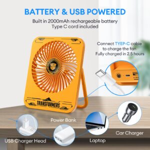 XINGLINSHOE battery powered fan 2000mAH 180° Adjustable small desk fan battery powered 3 Speeds Strong slim usb fan for Office,Bedroom,Home,Desktop,Camping(Yellow)