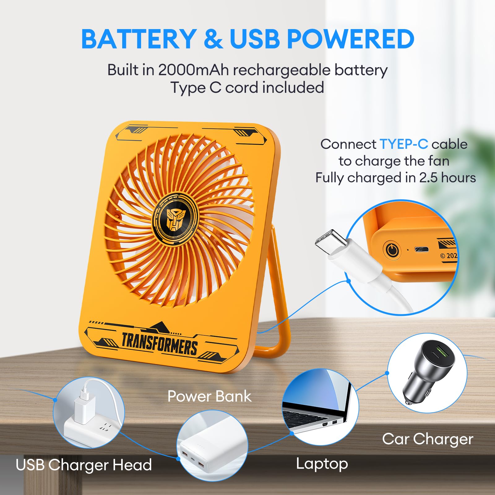 XINGLINSHOE battery powered fan 2000mAH 180° Adjustable small desk fan battery powered 3 Speeds Strong slim usb fan for Office,Bedroom,Home,Desktop,Camping(Yellow)