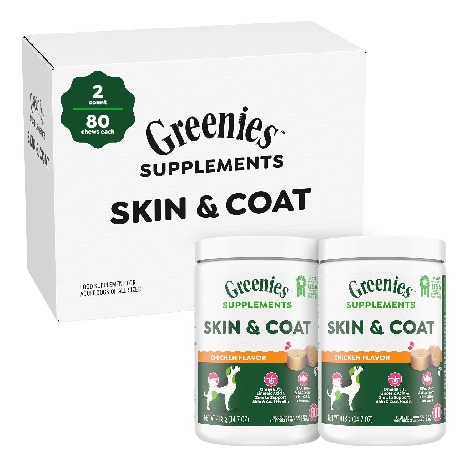 Greenies Skin & Coat Supplement for Dogs, Soft Chews with Fish Oil for Dogs, Omega-3s, Linoleic Acid, and Zinc, Chicken Flavor, 80-Count Tub, 2 Pack