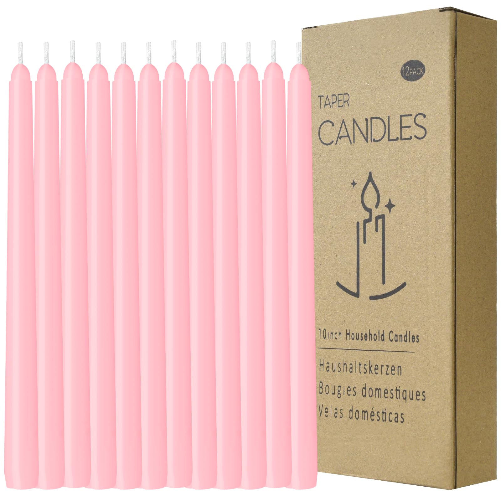 Thleunei 12 Pack Pink Taper Candles 10 Inch - Dripless, Smokeless, Unscented Taper Candle - 8 Hours Long Burning Suitable for Any Candlesticks - Ideal for Weddings Dinner Parties and Home Decor