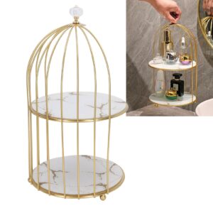 flexman Bathroom Organizer Countertop, Double Layer Bird Cage Organizer Display Rack, Countertop Storage Shelf for Bathroom Countertop Dressing Table (White Base Gold Pattern)