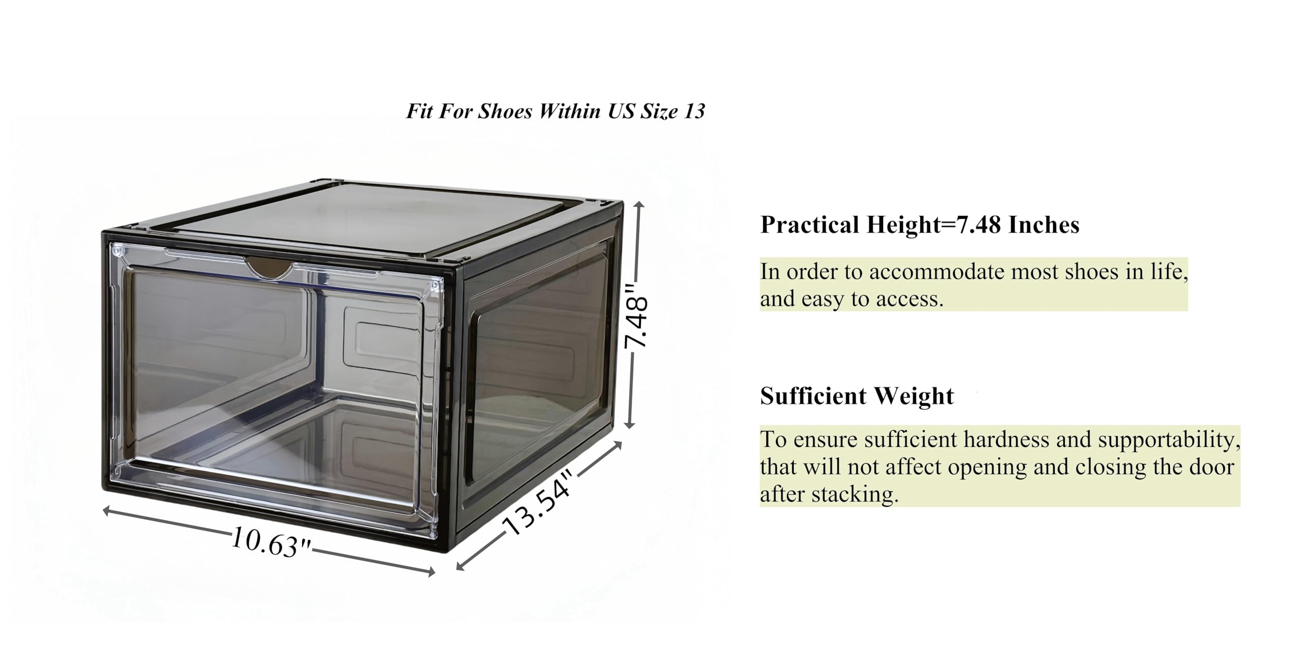 JECCICHY 10 Pack Black Shoe Storage Boxes Stackable, Plastic Shoe Boxes with Lids, Sneaker Storage, Transparent, Thick Hard, Drop Front Door, Within US Size 13, Size: 13.54”x10.63”x7.48”