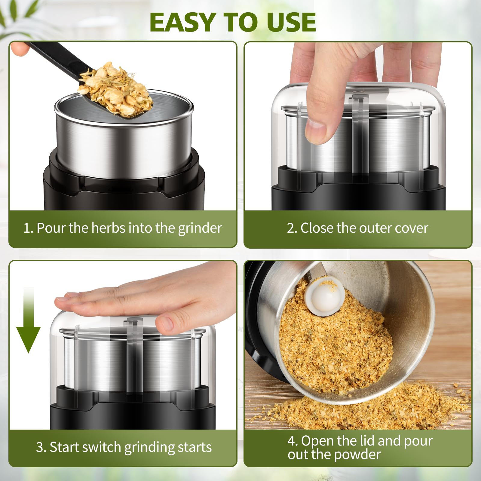 Hermolante Herb Grinder, Spice Grinder, Coffee grinder, 150 w Electric Herb Grinder with Stainless Steel Blade and Cleaning Brush, Compact Size Electric Grinder for Herb Spices Coffee Nuts Seeds,etc.