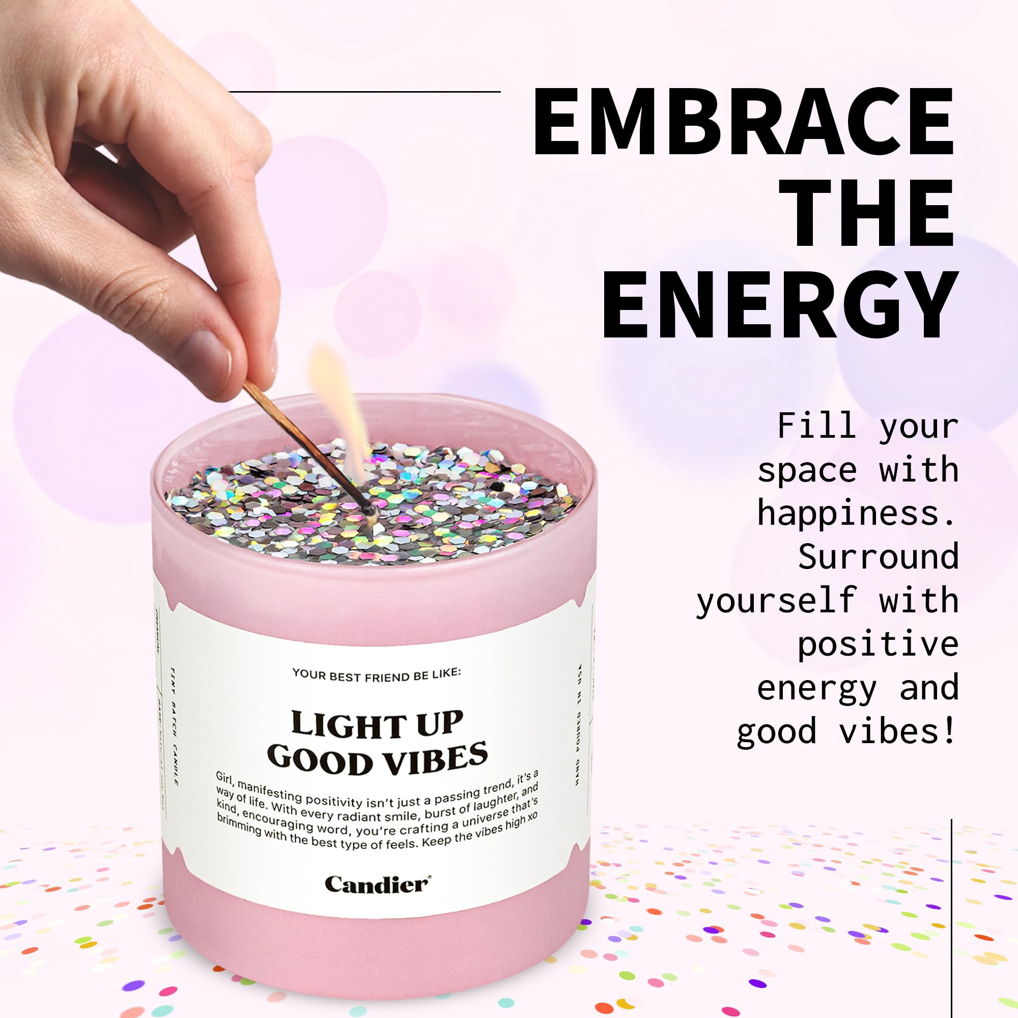 Light Up Good Vibes Candle, Scented Phthalate-Free Soy Candles with 60+ Hours Burn Time, Vegan Cruelty-Free Pink Candle for Any Occasion, Candles for Women & Men - Candier