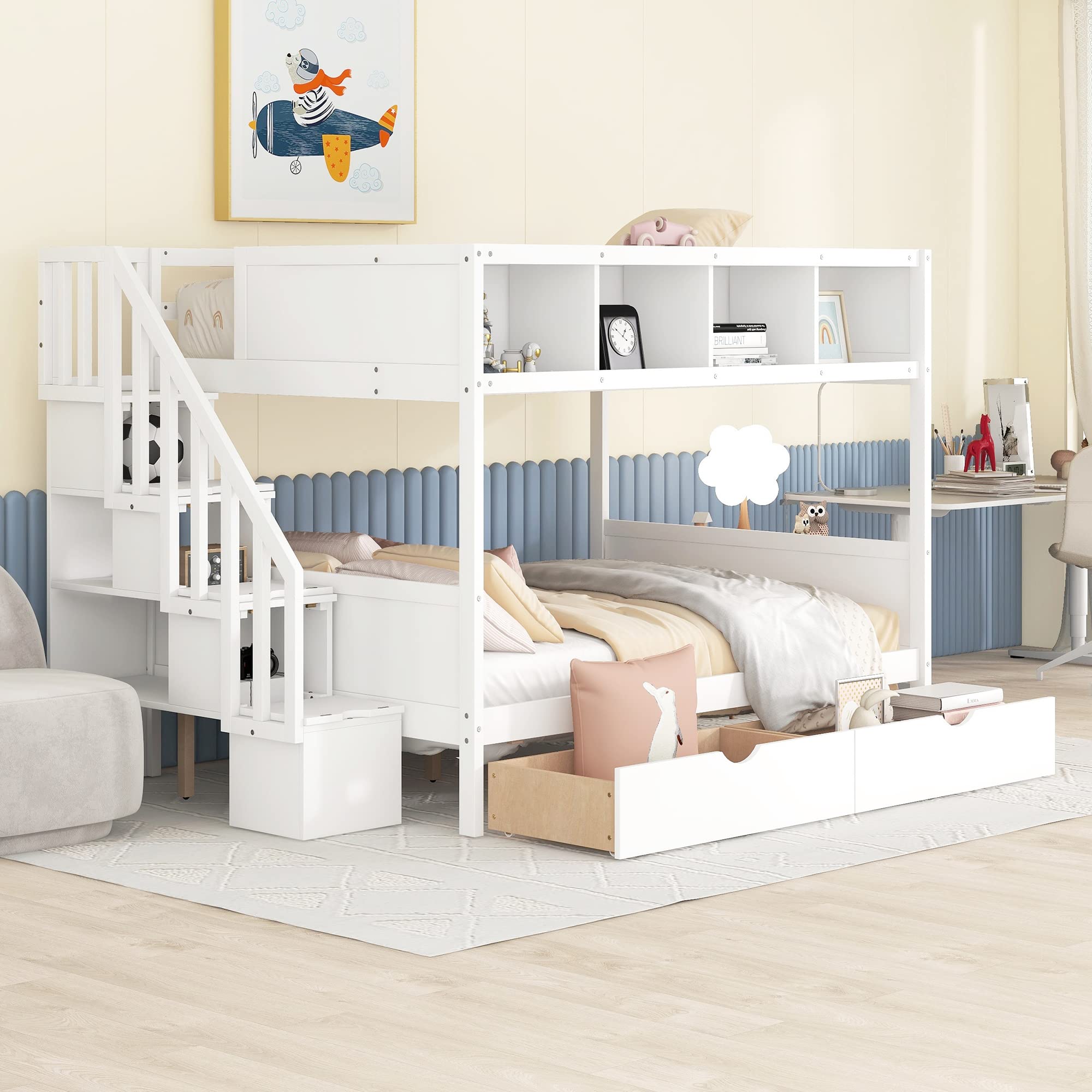 Harper & Bright Designs Twin Over Full Bunk Bed with Storage Staircase and 2 Drawers,Wood Bunk Bed Frame with 4 Storage Shelves for Kids Boys Girls Teens, No Box Spring Need,White