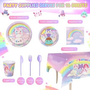 CAILESS Kawaii Squish Birthday Party Supplies, 117Pcs Cute Kitty Animal Party Decoration Include Plates Cups Napkins Cutlery Tablecloth Disposable Set Serves 16 Guests for Kids Birthday Party