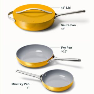 Caraway Fry Pan Trio - Non-Stick Frying Pans (10.5” & 8”) & Non-Stick Saute Pan - Non Toxic, PTFE & PFOA Free - Oven Safe & Compatible with All Stovetops (Gas, Electric & Induction) - Marigold